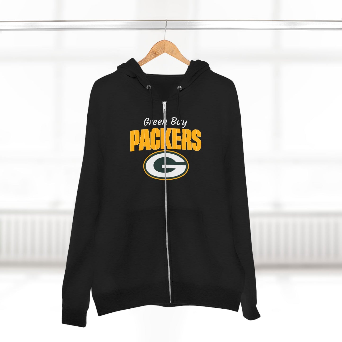 Packers Full‑Zip Black Hoodie — Green Bay Football Jacket