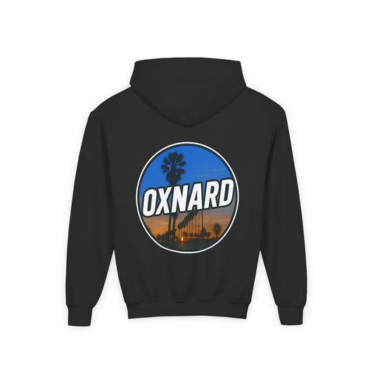 Oxnard Sunset Youth Hoodie — Beach Graphic (Black)