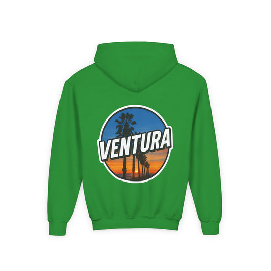 Ventura Surfer's Point Sunset Youth Hoodie — Beach Graphic (Green)