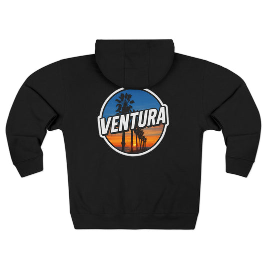 Ventura Surfer's Point Sunset Palm Zip Hoodie — California Full‑Zip Black Sweatshirt