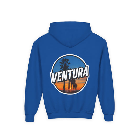 Ventura Surfer's Point Sunset Youth Hoodie — Beach Graphic (Royal Blue)