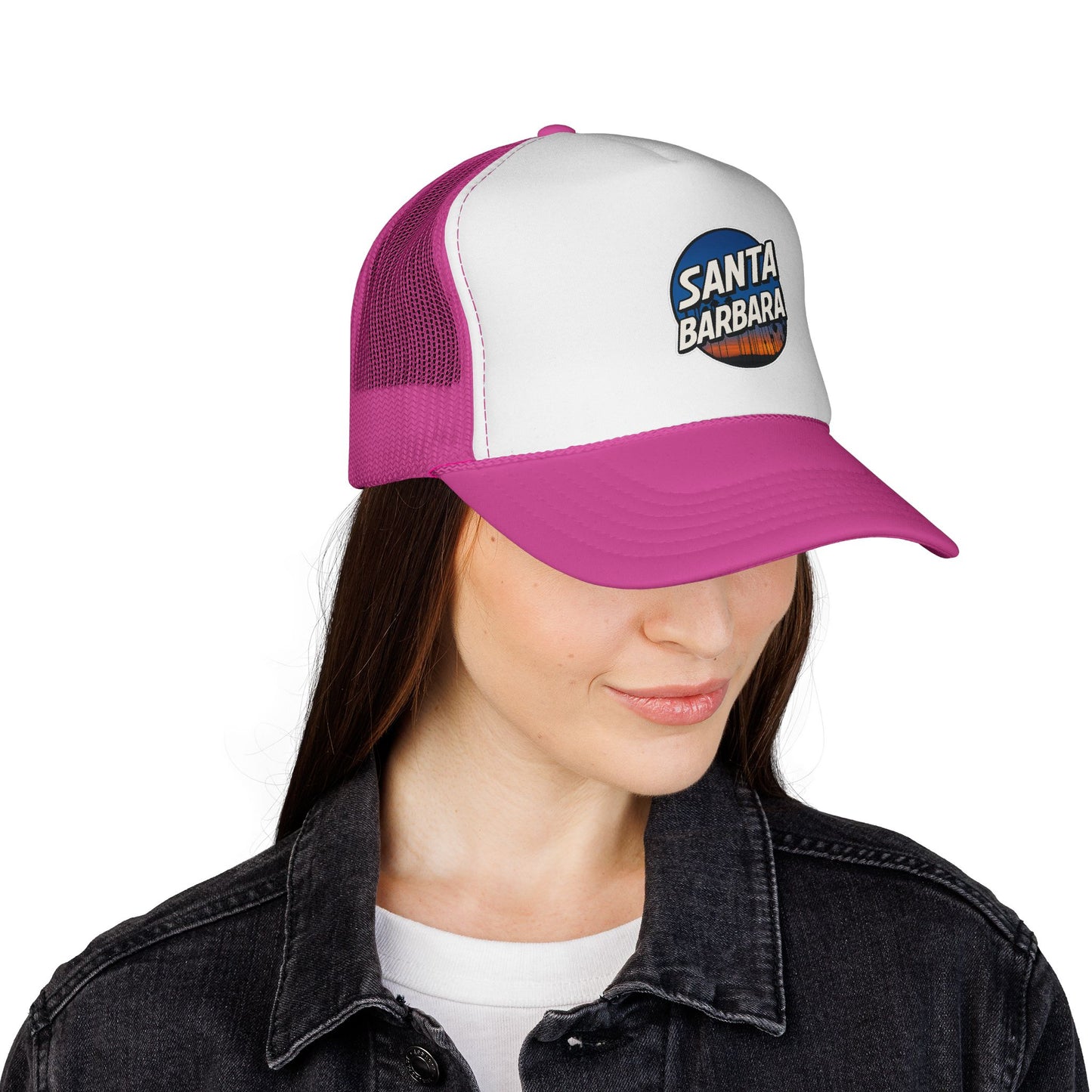 Santa Barbara Trucker Cap – Retro Surf Patch Mesh Hat (Hot Pink)