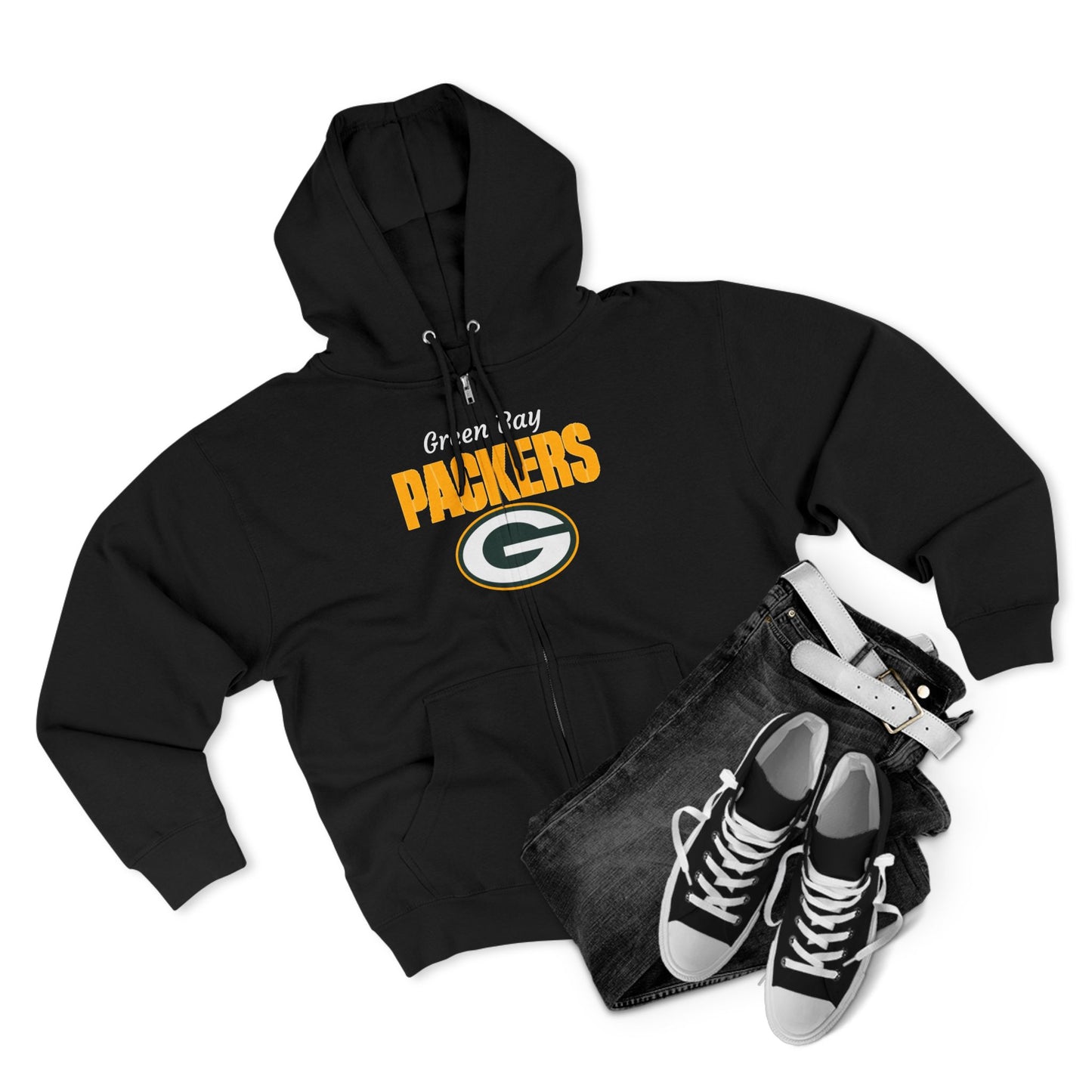 Packers Full‑Zip Black Hoodie — Green Bay Football Jacket