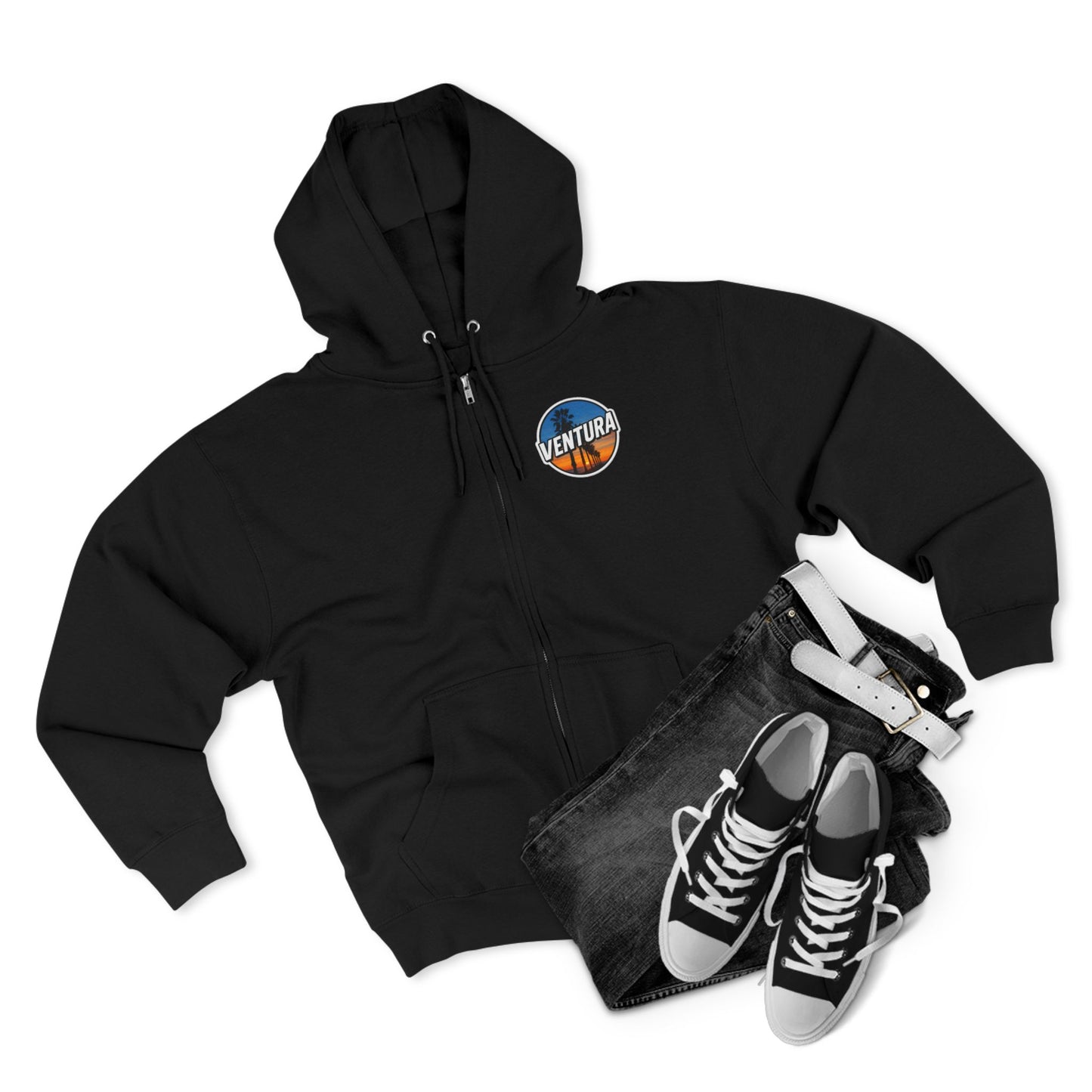 Ventura Surfer's Point Sunset Palm Zip Hoodie — California Full‑Zip Black Sweatshirt