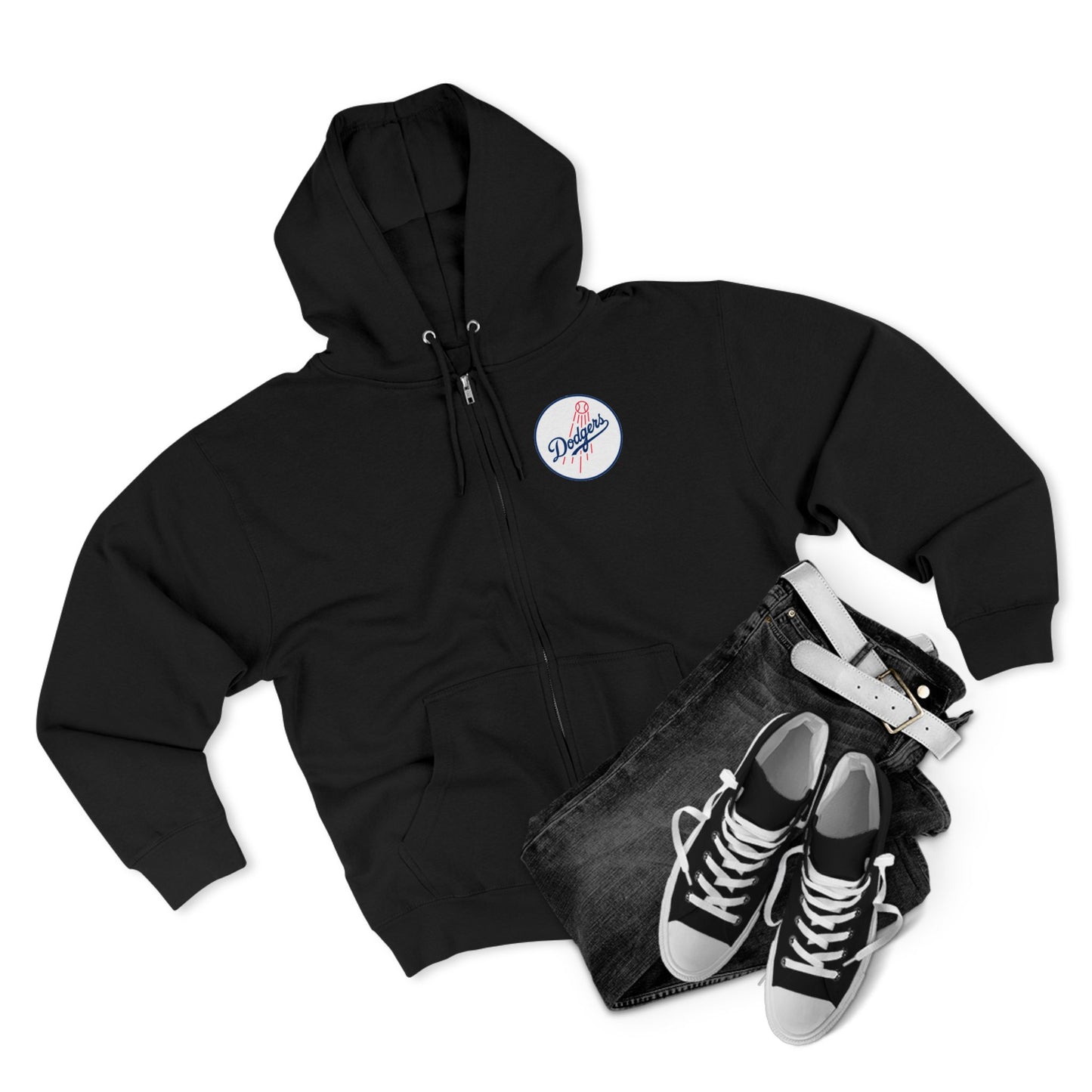 Dodgers Round Logo Zip Hoodie — Black Baseball Fan Hoodie
