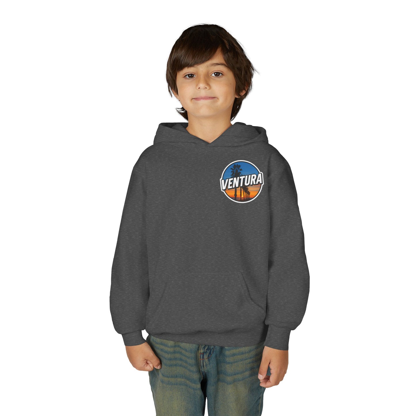 Ventura Surfer's Point Sunset Youth Hoodie — Beach Graphic (Dark Heather)
