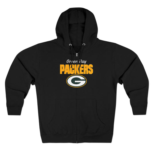 Packers Full‑Zip Black Hoodie — Green Bay Football Jacket