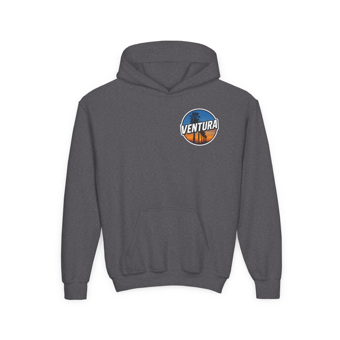 Ventura Surfer's Point Sunset Youth Hoodie — Beach Graphic (Dark Heather)