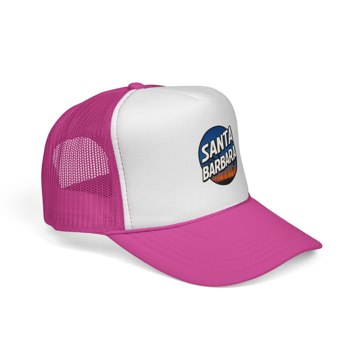 Santa Barbara Trucker Cap – Retro Surf Patch Mesh Hat (Hot Pink)