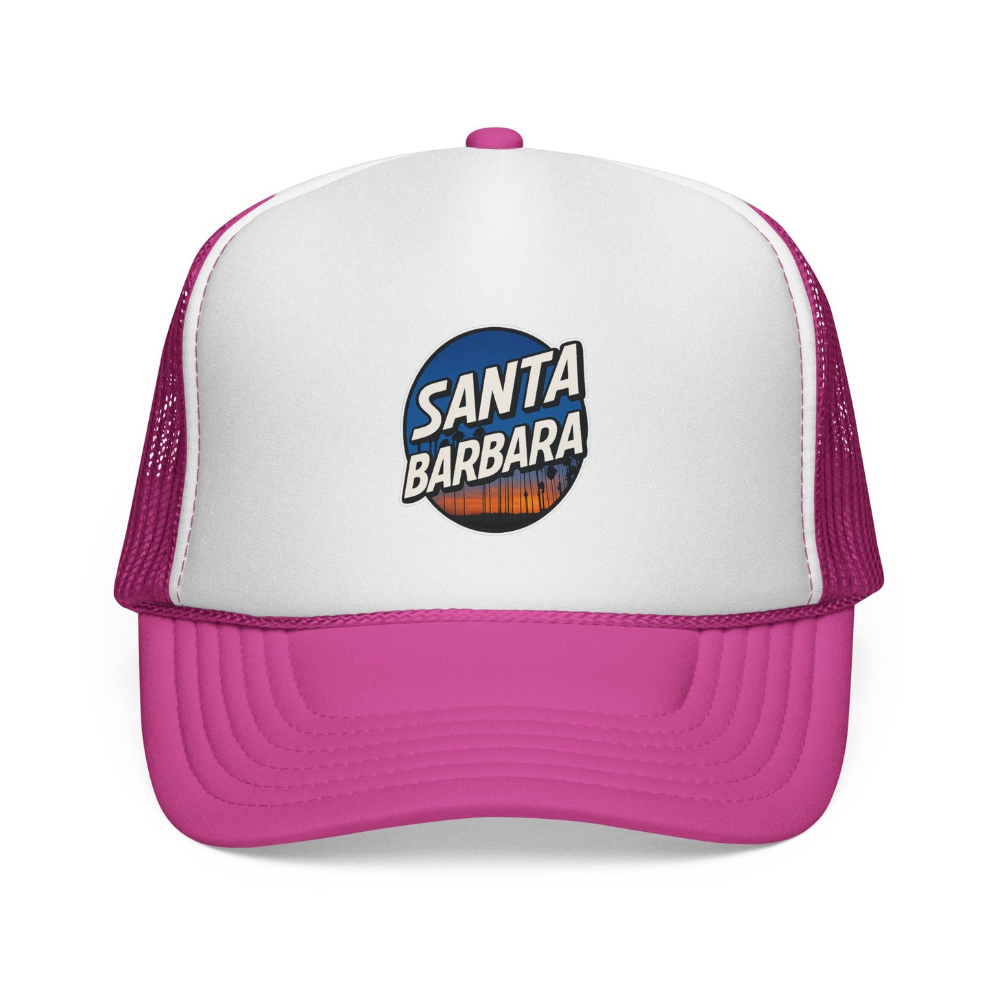 Santa Barbara Trucker Cap – Retro Surf Patch Mesh Hat (Hot Pink)