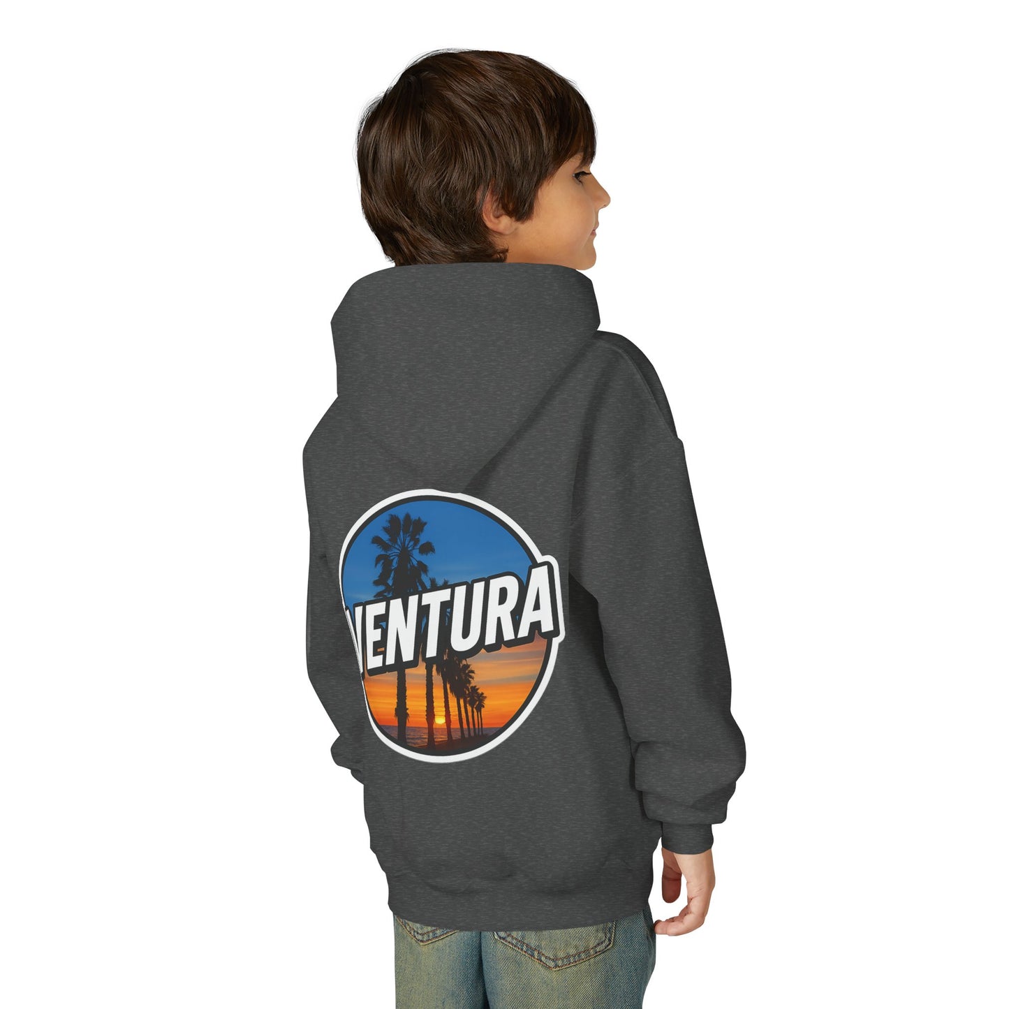 Ventura Surfer's Point Sunset Youth Hoodie — Beach Graphic (Dark Heather)