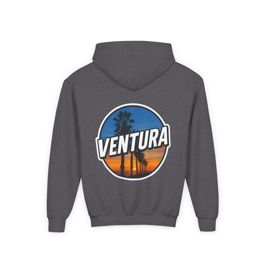 Ventura Surfer's Point Sunset Youth Hoodie — Beach Graphic (Dark Heather)