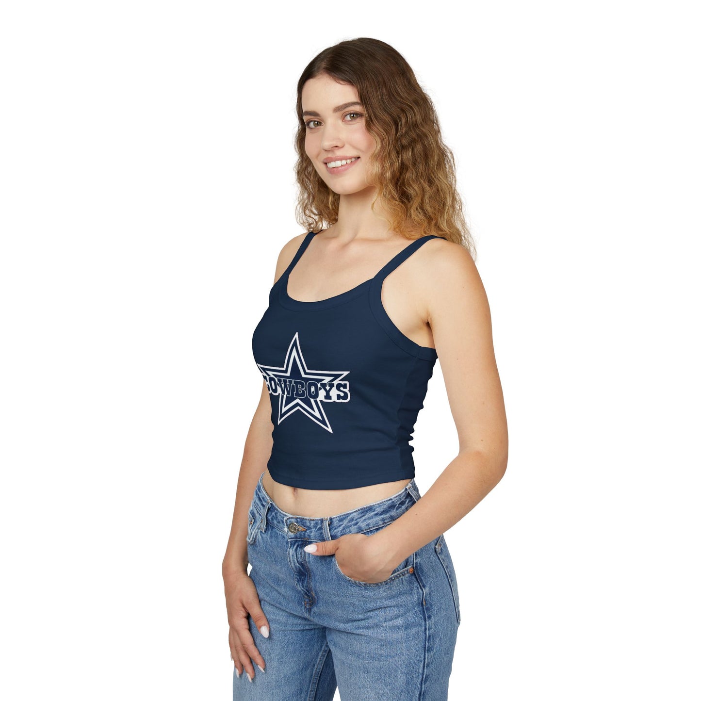 Dallas Cowboys Retro Football Helmet Tank Top — Women's Black Spaghetti Strap (Navy)