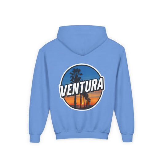 Ventura Surfer's Point Sunset Youth Hoodie — Beach Graphic (Light Blue)
