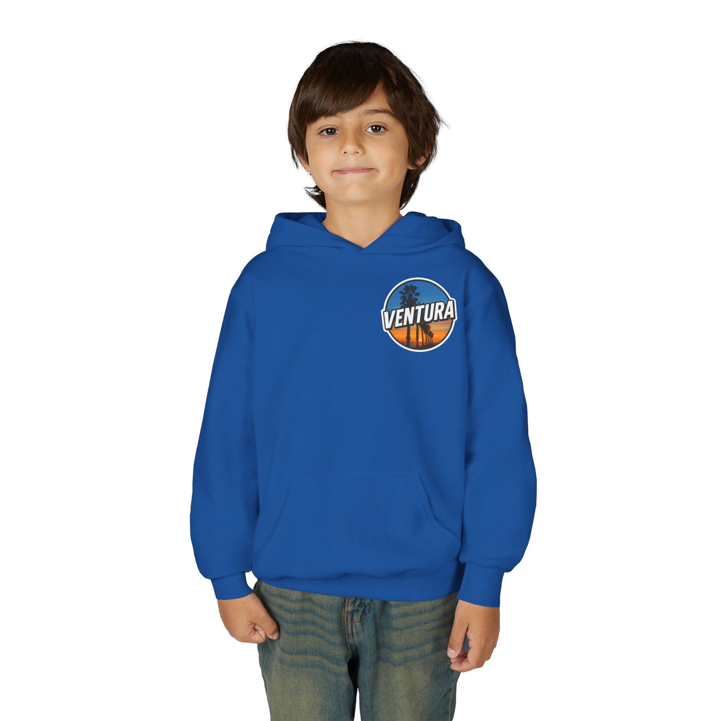 Ventura Surfer's Point Sunset Youth Hoodie — Beach Graphic (Royal Blue)