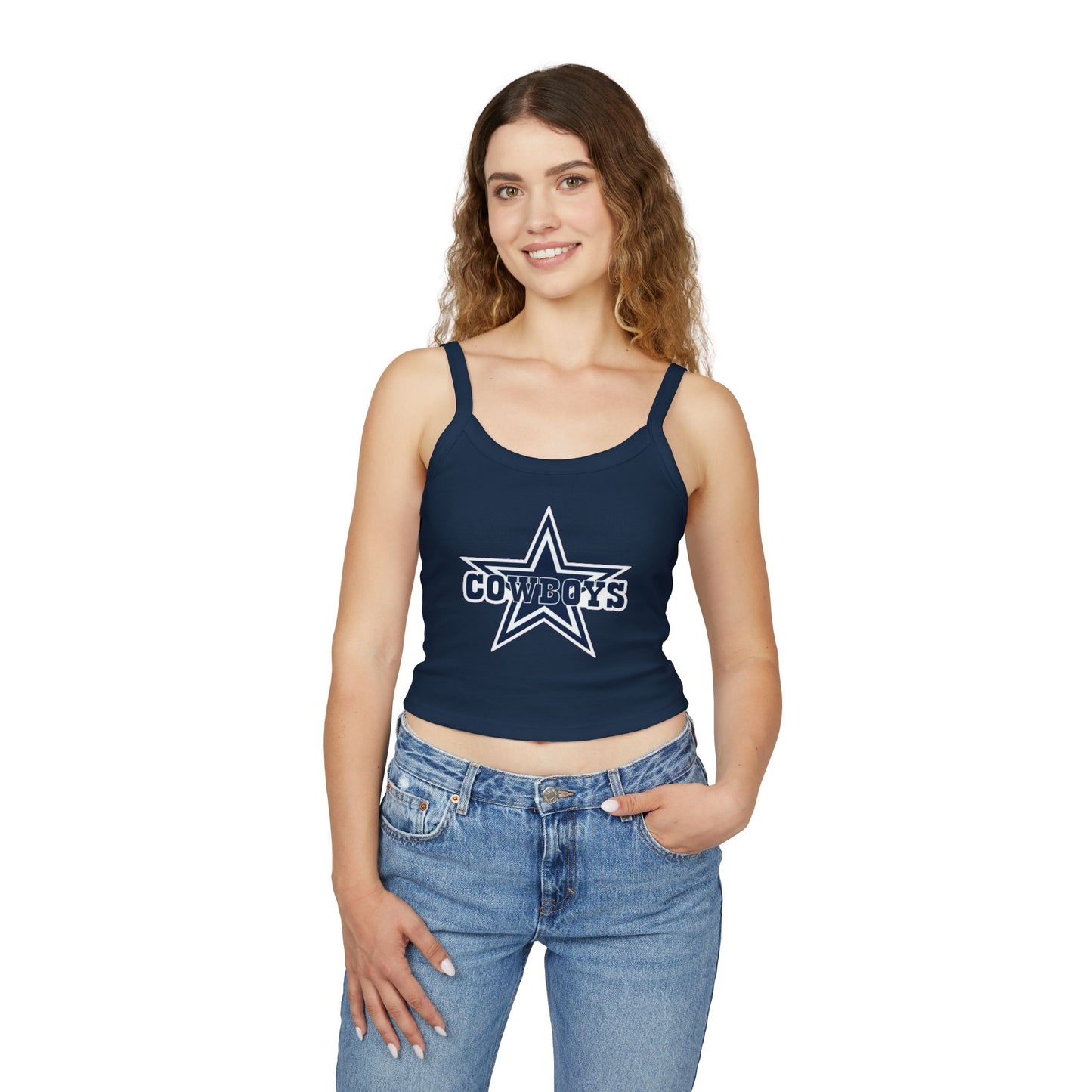 Dallas Cowboys Retro Football Helmet Tank Top — Women's Black Spaghetti Strap (Navy)