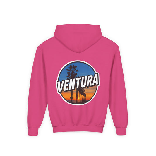 Ventura Surfer's Point Sunset Youth Hoodie — Beach Graphic (Pink)